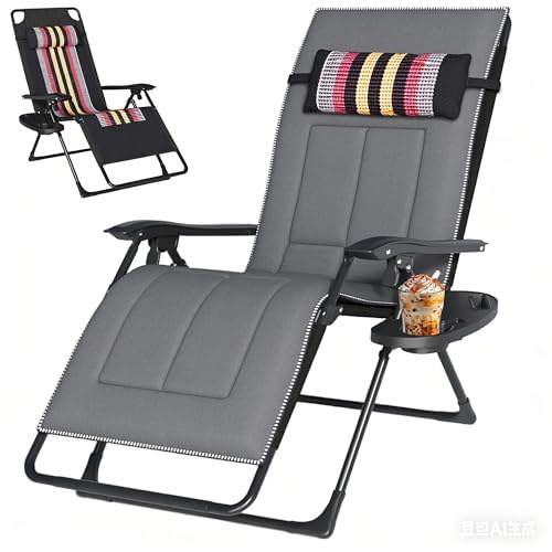 AlpineAura Tumbona plegable, tumbona con soporte para bebidas, silla de jardín, extraancha, soporta 200 kg, tumbona de jardín, incluye respaldo ajustable y cojín cervical