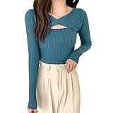 [FUPUTWO] リブニット セーター レディース セクシー トップス 胸あき タイト 長袖 (ブルー)