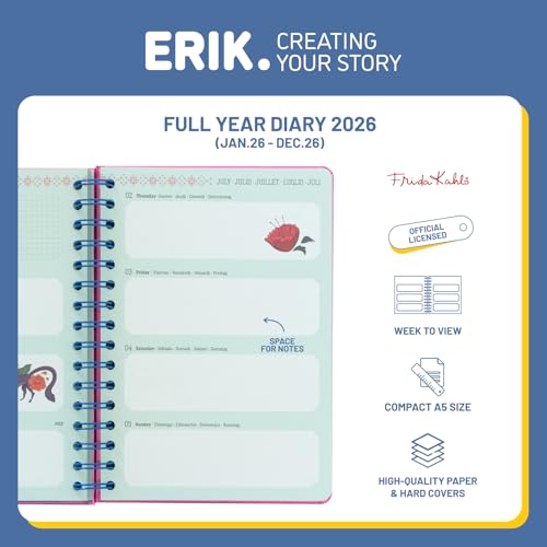 Grupo Erik 2026 Diary A5 Week To View - Frida Kahlo Gifts | A5 Weekly Planner 2026 With Diary Stickers, Pocket, Bookmarks, January 2026 - December 2026 | Art Gifts
