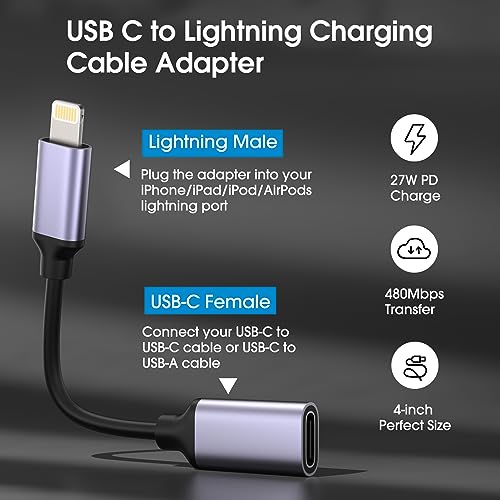 TechMatte Female USB C to Lightning Male Cable Adapter, 27W PD Fast Charging Only Compatible for iPhone iPad iPod AirPods, No Audio, Not for Headphones/OTG Android, 4 Inch (2 Pieces) - Thumbnail 2