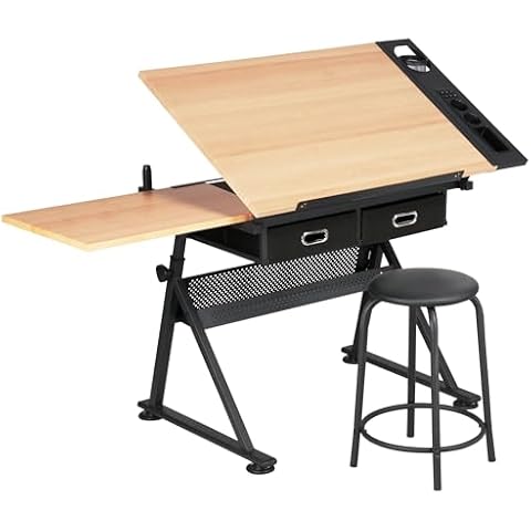 Yaheetech Adjustable Drafting Table w/Storage Drawers and Stool Cover