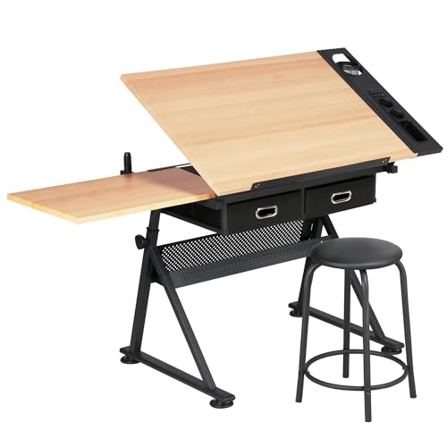 Yaheetech brown drafting table with retractable side board