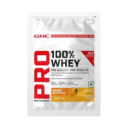 Image of GNC Pro Performance 100% Whey Protein | New Formulation | 24g Protein, 5.7g BCAAs, 12.3g EAAs | Added DigeZyme | Whey Isolate & Concentrate Blend, Low Carb (4.51g), No Added Sugar | Mango35g