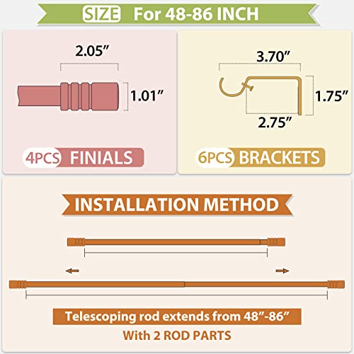 Kamanina 2 Pack Curtain Rod 48 To 86 Inches, 3/4 Inch Nickel Single Curtain Rods For Windows 36 To 82 Inches, Telescoping Drapery Rod With Cap Finials #TOP7