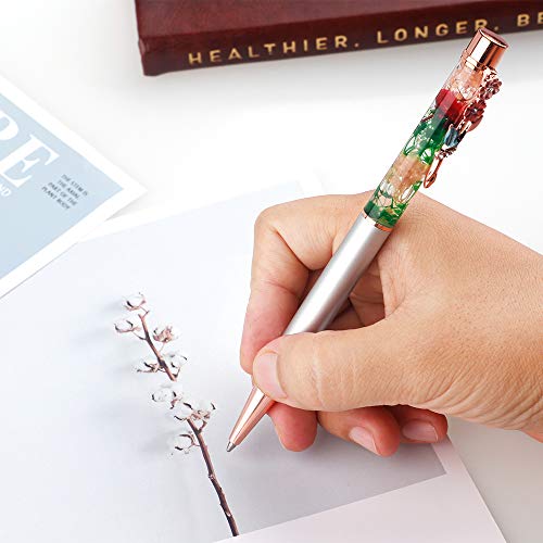 Ballpoint Pens,5 Pieces Dynamic Liquid Flower Pen Refillable Black Ink with Retro Floral Pen Clip for Desk Accessories