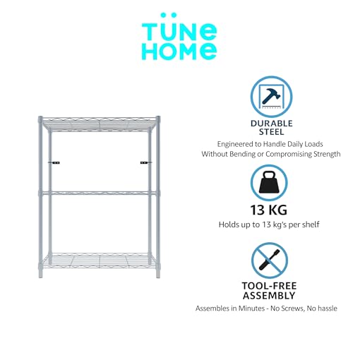 Image of 3-Shelves Wheels Heavy Duty Steel Storage Rack | Multipurpose Shelving Unit for Kitchen, Home & Utility | Grey, 3 Shelves Wheels
