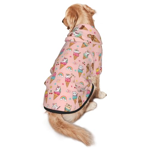 Extra Large Dogs Cute Animals Ice Cream Sloth Panda Cat Unicorns Pink Hooded Tee for Husky, Beagle, Sporty Wear, Functional Pocket Pullover Clothes