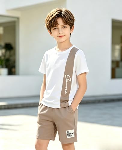 Image of Ayzozuy Boy Clothes Colorblock Top + Drawstring Waist Shorts 2 Pieces Kid Summer Outfits Set