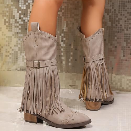 Women's Fringe Rivet Western Cowboy Mid Calf Boots with Side Zipper Fashion Buckle Strap Pointed Toe Chunky Heel Tassel Cowgirl Boots for Country Music Festivals Party Riding Boots3