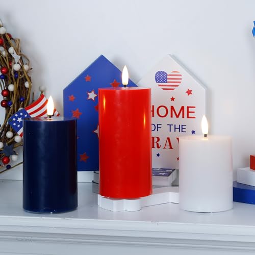 Image of JOIONE Patriotic Flameless Pillar Candles with Remote, 3 Pcs Red White Blue | Battery Operated, Red White Blue, Real Wax, Remote Control, Warm Flickering Glow, 4th of July Independence Day Party Decor