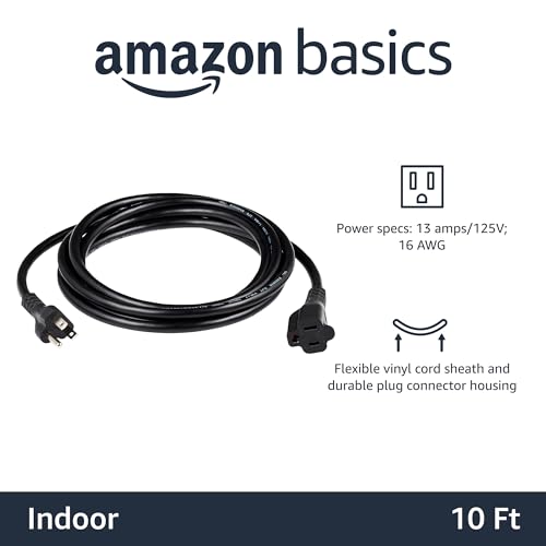Image of Amazon Basics Extension Cord, 10 Ft, 3-Prong Outlet Extender, Indoor, 13 Amps, 125V, Black, 2-Pack