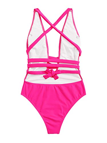 SweatyRocks Women's Sexy Basic Criss Cross Tie Knot Front Deep V Open Back One Piece Swimwear2