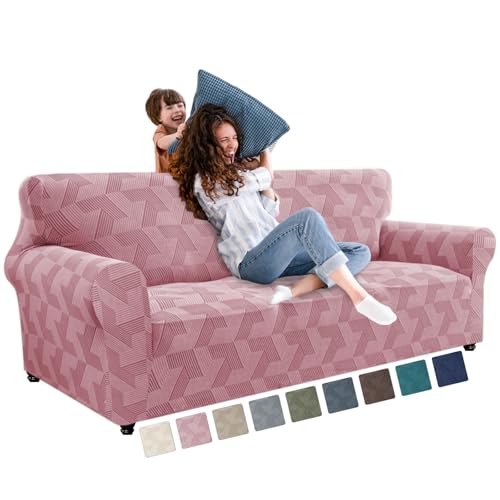 JIVINER 1 Piece Couch Cover for 3 Cushion Couch, High Stretch Sofa Covers with Elastic Bottom, Washable Sofa Slipcovers for Dog, Pets Feature Geometrical Jacquard Fabric (Sofa, Pink)