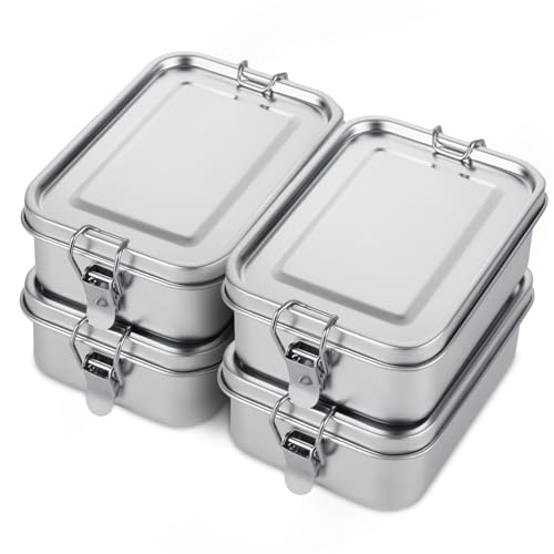 QTLCOHD 4 Pack 850ml Stainless Steel Lunch Box for Adults, 29oz Metal Bento Box with 2 Compartments, Leak-Proof Lunch Container with Lockable Clips, Metal Food Storage for Travel, Work