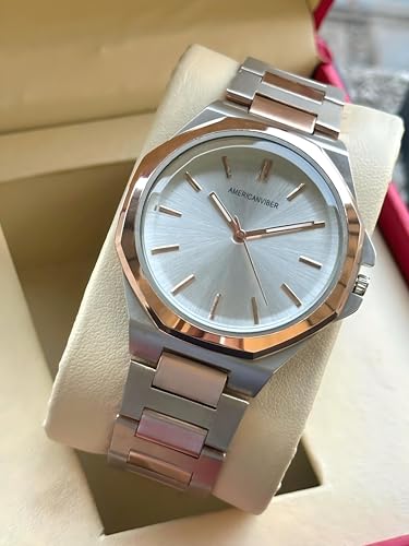 Image of AMERICANVIBER Modern Analog Watch, Silver and Black Two-Tone Stainless Steel Band, Octagonal Case, White Dial for Men
