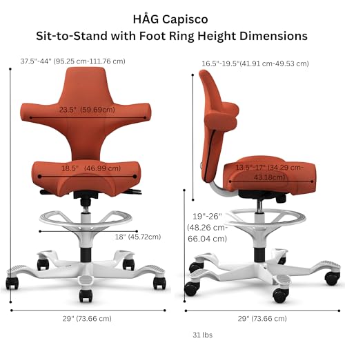 Image of HAG Capisco Sit to Stand Chair-White Frame-Upholstered Burnt Red-with Foot Ring