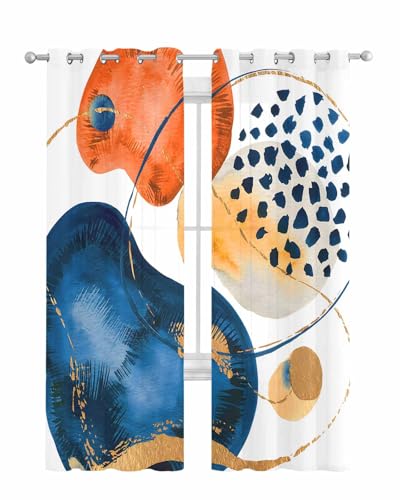 Blue Red Boho Sheer Curtains 63 Inch Length 2 Panels Set for Living Room/Bedroom, Middle Century Modern Geometric Abstract Art Kitchen Curtains Grommet Semi Drapes Window Treatments 52