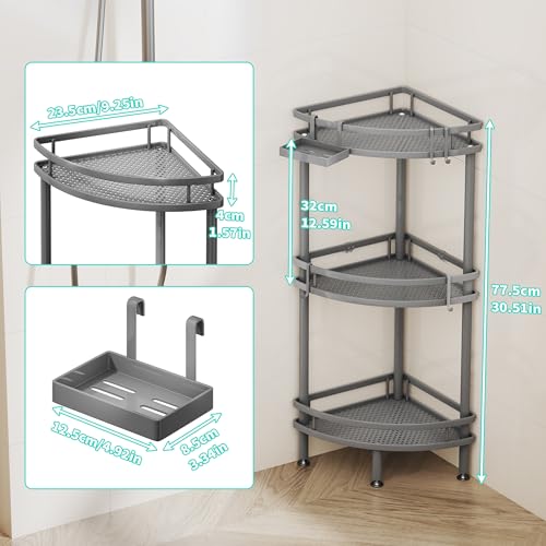 Image of HapiRm Standing Corner Shower Caddy - 3 Tier Shower Organizer Corner with Soap Holder and 4 Hooks, Rustproof Bathroom Storage Shelves with Adhesives, Grey