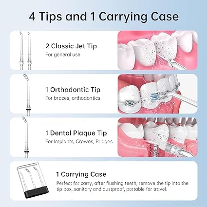 Cordless Water Dental Flosser Teeth Cleaner, 300ML Portable and USB Rechargeable Dental Oral Irrigator, Power Dental Flossers with 4-Modes 4 Jet Tips, IPX7 Waterproof Irrigate for Oral Care