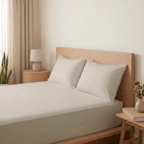 Image of Blue Dahlia 100% Cotton, King Size /Double, Bedsheet (108 inch x 108 inch) + 2 Pillow Covers, Percale Weave, 200TC Solid Premium Bedsheet, Colour: Beige