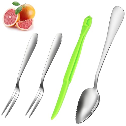 Grapefruit Löffel 4-Teiliges Set, Grapefruitlöffel Edelstahl, Kiwi Löffel mit Orangenschäler-Werkzeug und Fruchtgabel, Dessertlöffel, Grapefruit-Utensilenset für Kiwi, äpfel, Grapefruits