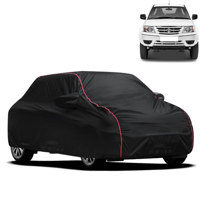 Image of Waterproof Car Cover for Tata Xenon | All-Weather Protection, Dustproof & UV Resistant | Triple Stitched Mirror Pockets, Windproof Buckle Strap with Elastic Hem, Black-Red Piping
