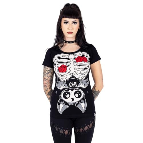 Cupcake Cult T-shirt gótica com design de morcego Ribcage t-shirt alternativa para mulher top gótico, Preto, XL