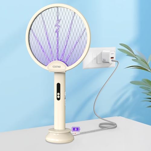 Image of CostarMatter Mosquito Killer Racket, Foldable Mosquito Bat with UV Light, 3400V, 2 in 1 Auto Mosquito Killer with Charging Base Stand, Electric Fly Swatter, Lithium-ion Battery, Beige