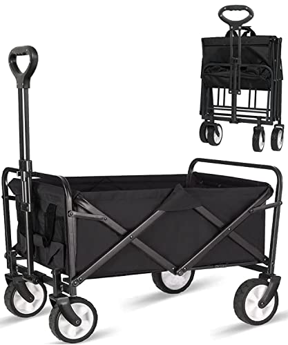Beach Cart Large Capacity, Heavy Duty Folding Wagon Portable, Collapsible Wagon For Sports, Shopping, Camping (Black, 1 Year Warranty) #TOP27