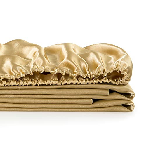 Satin Fitted Sheet, King Fitted Sheet Only, 1 - Piece Ultra Soft Deep Pocket Single Silk Bottom Bed Sheet King - Gold #TOP4