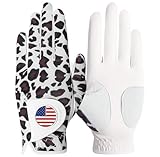 Amy Sport Womens Golf Glove With Ball Marker Rain Left Right Hand Leather Printed Ladies Golf Gloves All Weather Grip Breathable Soft Size S Me L Xl (Leopard, Medium-Worn On Left Hand)