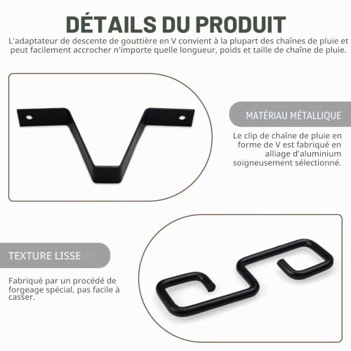 Diakey Lot de 2 chaînes de pluie en forme de V pour gouttières avec clip d'adaptateur, chaînes de pluie pour l'extérieur à suspendre au tuyau de descente, pot de fleurs, support de collecteur, noir – vue 3