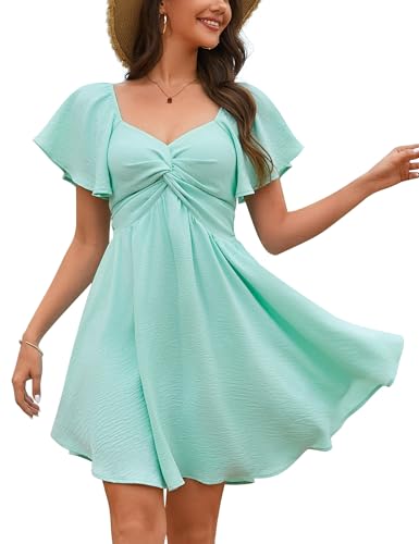 Florboom Women's Sweetheart Neckline Sexy Mini Dress Knot Front Short Vacation Chiffon Summer Dresses 2025 (Mint Green, XS)