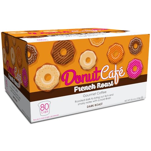 Image of Donut Cafe - Gourmet Single Serve Coffee Pods for Keurig K-Cup Brewers, Dark Roast, 100% Arabica, Non-GMO & Gluten Free, French Roast Blend, 80 Count