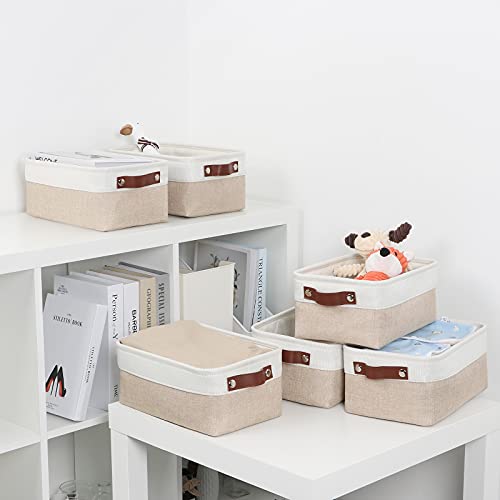 Dullemelo Small Storage Bins, Storage Baskets For Organizing, Collapsible Rectangular Fabric Baskets For Shelves, Closets, Nursery, Home, Office, Empty Gift Baskets (6-Pack, White&Khaki) #TOP5