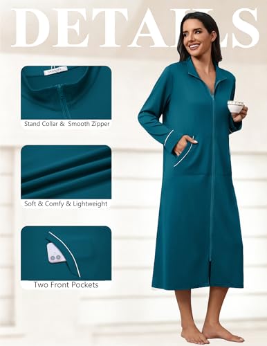 Image of Ekouaer Zipper Robes for Women Long Sleeve Lightweight House Coats with Pockets Zip Up Bathrobe Loungewear S-3XL