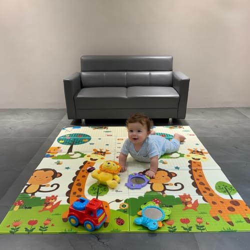 Image of Premium Reversible Baby Play Mat | Extra Large Soft Foam Crawling Mat for Babies & Toddlers | Non-Slip, Waterproof, Easy to Clean | Multicolor Foldable Learning Play Mat for Indoor & Outdoor (6.5 X 5 ft, 0.8 cm Thickness) Giraffe-Jungle, Multicolor