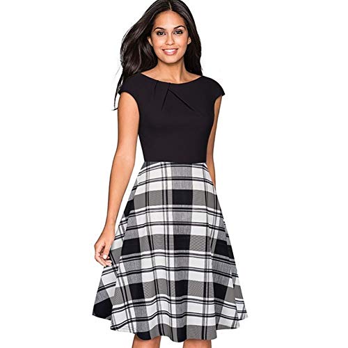 Vintage Kurz Solid Color Elegante O-Ansatz Kappen-Hülse A-Line Pinup Business Women Flare Swing-Kleid (Color : Black and Grid, Size : XXL.)
