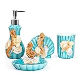 FORLONG Ceramic Bathroom Accessories Set, 4 Piece 3D Floating Seahorse Shell Bathroom Ensemble Set with Toothbrush Holder, Toothbrush Cup, Soap Dispenser, Soap Dish -Green