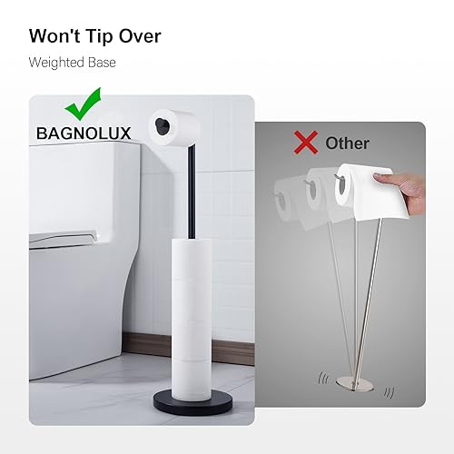 Image of BAGNOLUX Bathroom Toilet Paper Holder Stand with Reserve, SUS304 Stainless Steel Rustproof Pedestal Tissue Roll Holder Heavy Duty (Matte Black)