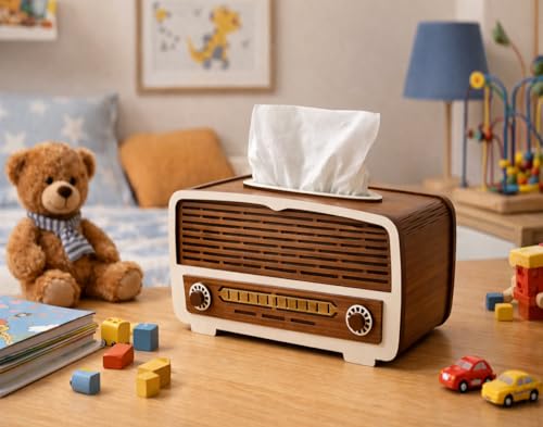 Image of Radio Wooden Tissue Box - Retro Tissue Holder for Home, Office & Car | Creative Wooden Napkin Dispenser | Decorative Tissue Case for Living Room & Bedroom (Radio Tissue Holder)