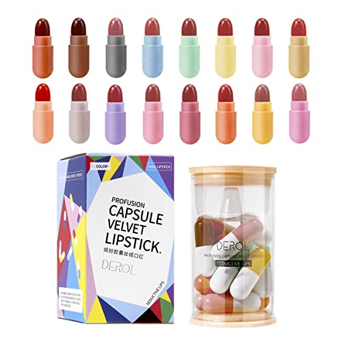16 Color Lipstick Set, Mini Velvet Matte Lipstick Lip Capsules, Natural Lip Lipstick, Waterproof Long Lasting Mini Capsules Lipstick Portable Makeup Gift Set