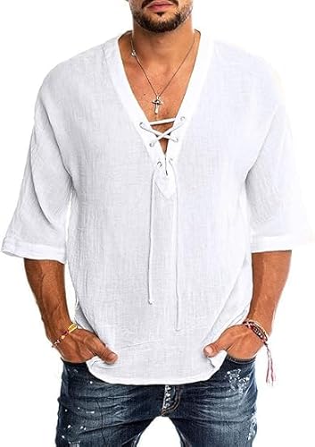 Runcati Camisa de lino para hombre, manga corta, de verano, camisa informal con cuello en V, corte holgado, vintage, camiseta medieval, Blanco, L