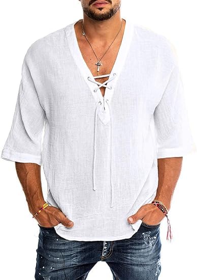 Runcati Leinenhemd Herren Kurzarm Sommerhemd Herren Freizeithemd mit V Ausschnitt Loose Fit Vintage Mittelalter Shirt