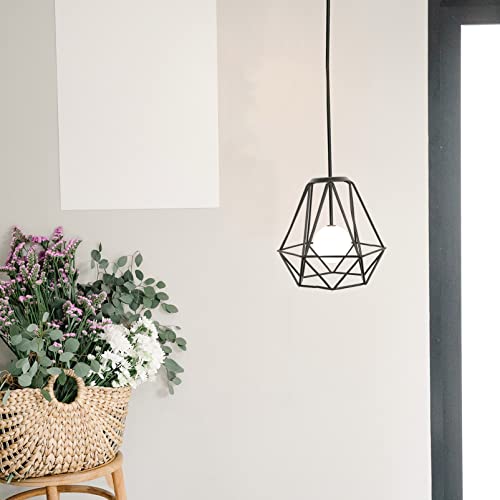 Image of Industrial Black Metal Wire Cage Lampshade - Vintage Diamond Shape Light Cover for Pendant Lights, Wall Lamps, Ceiling Fixtures, and Table Lamps - Easy to Install, Ideal for Home and Kitchen Decor