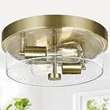 Flush Mount Ceiling Light Fixtures, 2-Light Brass Ceiling Mount for Farmhouse with Seeded Glass Lampshade, Industrial Hall Flush Mount Light Fixture for Hallway, Kitchen, Entryway, Bedroom and Foyer
