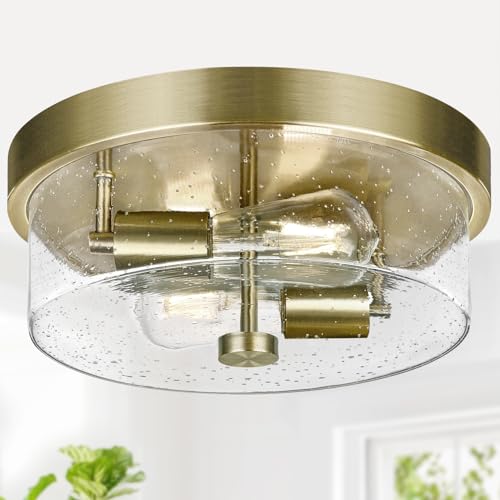 Flush Mount Ceiling Light Fixtures, 2-Light Brass Ceiling Mount for Farmhouse with Seeded Glass Lampshade, Industrial Hall Flush Mount Light Fixture for Hallway, Kitchen, Entryway, Bedroom and Foyer