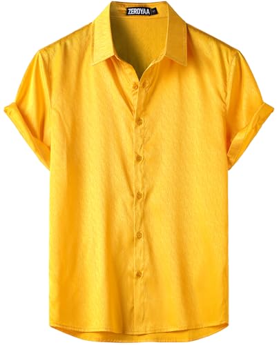 ZEROYAA Men's Luxury Shiny Short Sleeve Button Down Shirts Yellow M