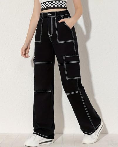 Girls Baggy Cargo Jeans Y2K Elastic Waist Straight Wide Leg Loose Denim Pants with Flap Pockets4