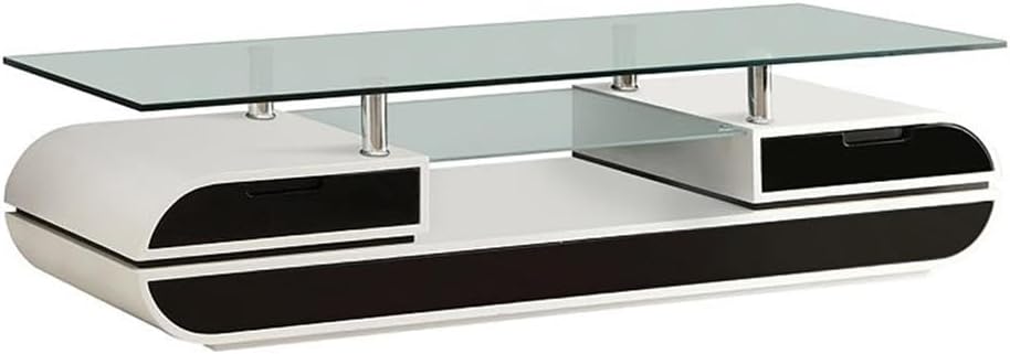 Bowery Hill Contemporary Wood TV Stand, 63"W x 19.75"D x 15.5"H, Chrome/Lacquer/Tempered Glass Material, White Finish with Black Drawers, Modern Two-Toned Design, Glass Top and Shelves, Living Room